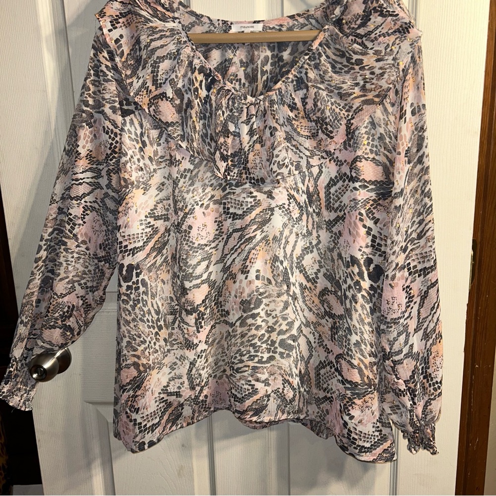 Maurice Ruffled “V” Neck Animal Print Boho Blouse XXL